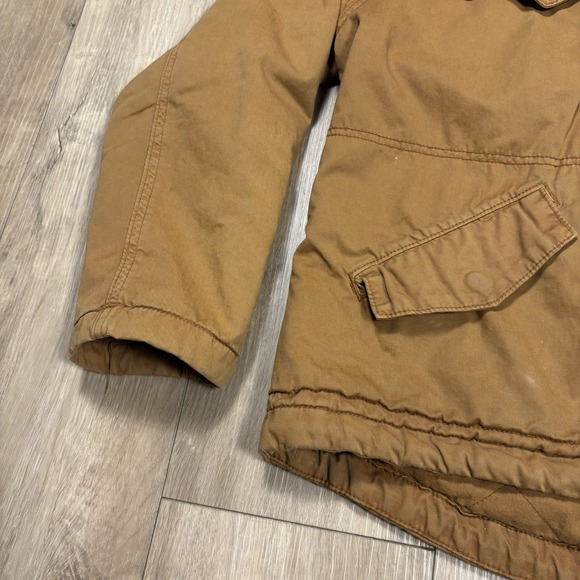 American Eagle Overcoat Jacket Womens Medium M Khaki Brown Fur Hood Flap Pockets - Picture 2 of 8